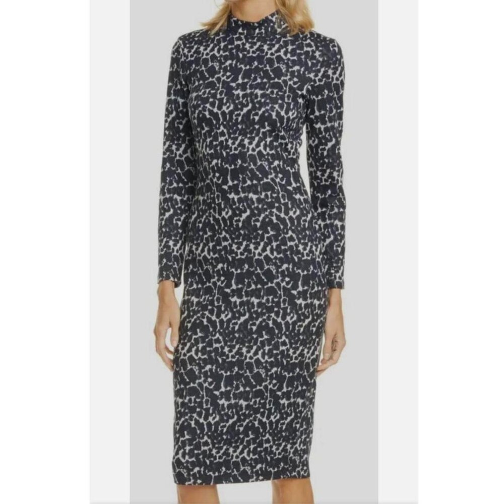 Ted Baker Women Black Gray Liniee Mock-neck Leopard Midi Maxi Bodycon Dress Sz 2